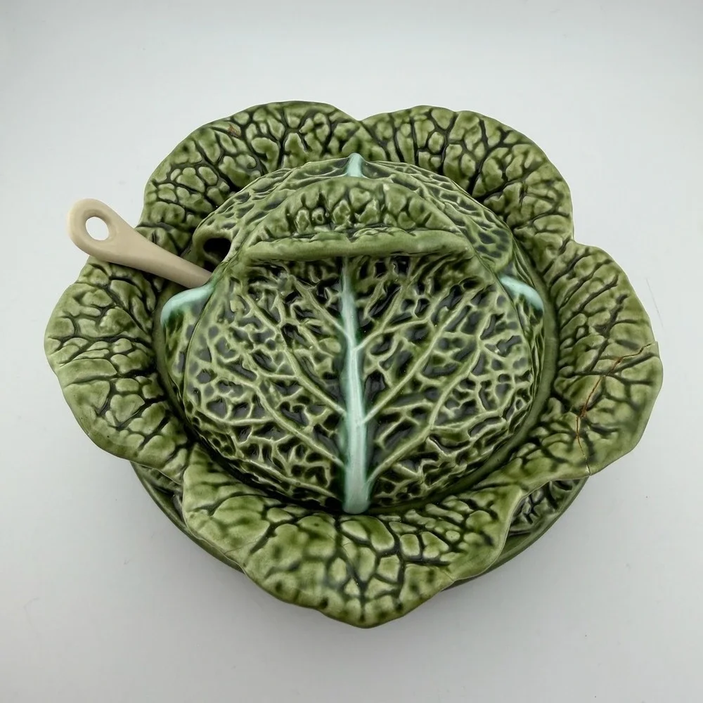 Costa Pereira Cabbage Leaf Tureen Set OS Green Majolica Portugal Vintage